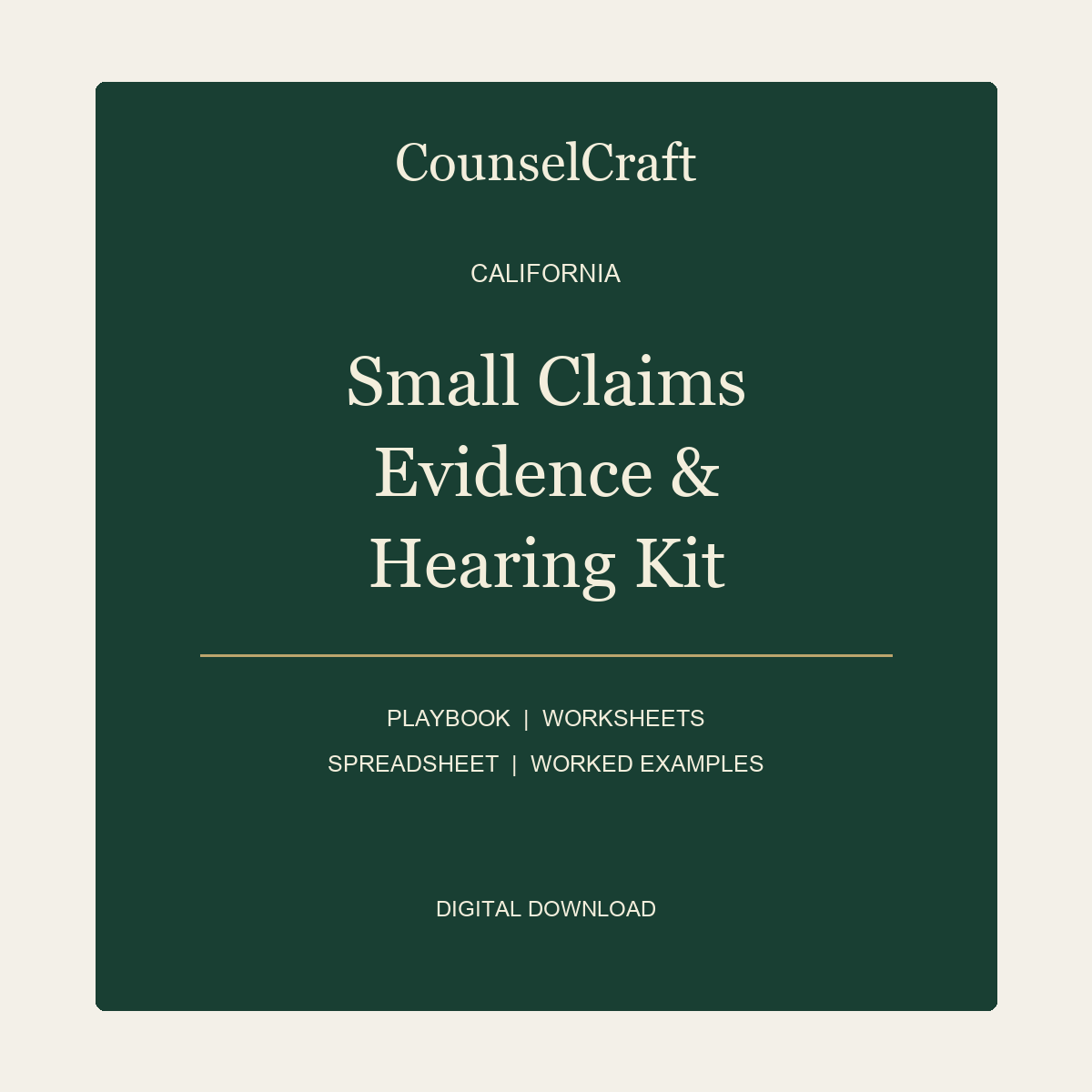 CounselCraft California Small Claims Evidence & Hearing Kit cover in forest green and cream